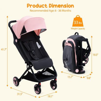 Lightweight Baby Stroller, Compact One-Hand Fold Travel Stroller Airplane Friendly, Reclining Infant Stroller with 5-Point Harness & Adjustable Canopy, All-Terrain Stroller for Toddlers 6-36 Months