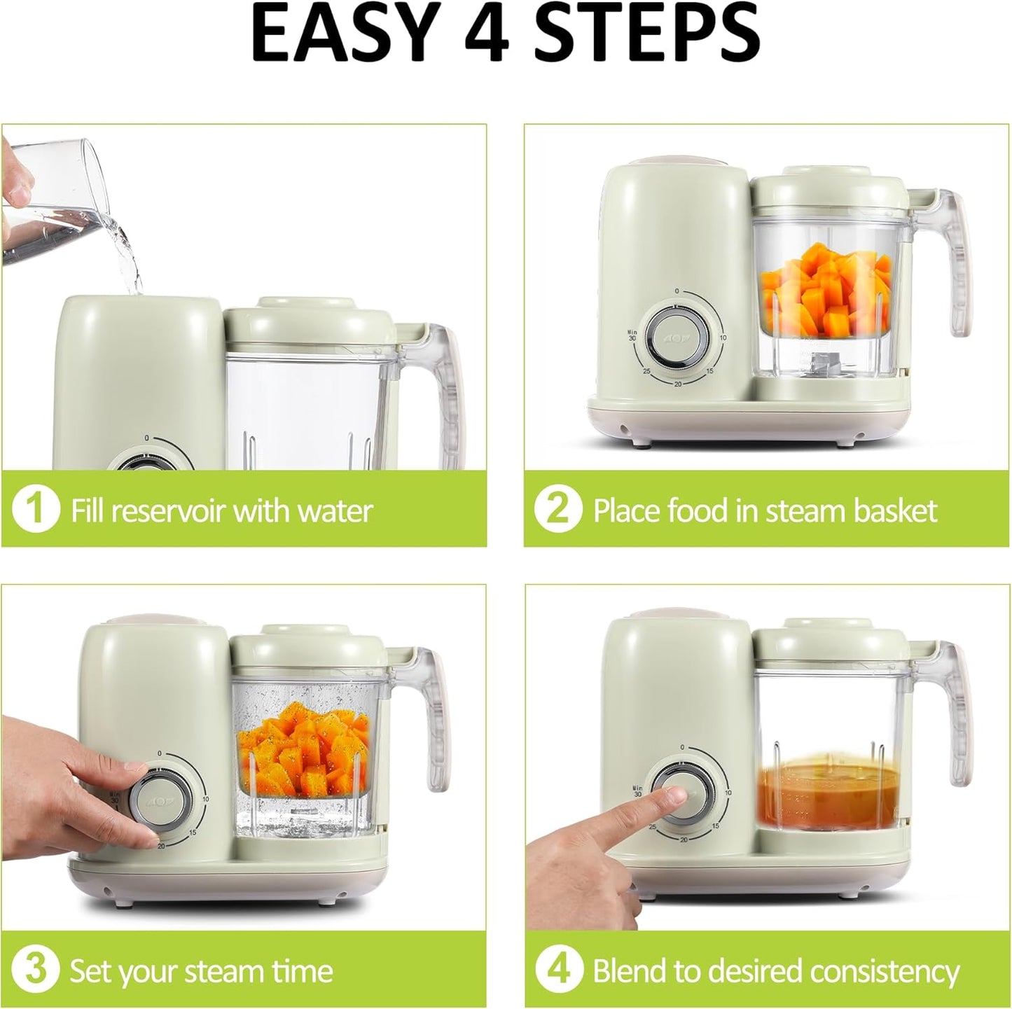 AMZBABYCHEF Baby Food Maker, 4 in 1 Baby Food Processor and Steamer, Puree Blender, Multifunctional Baby Puree Maker, Dishwasher Safe (Green)