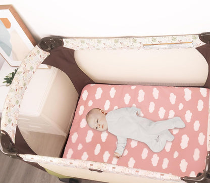 4 Pack Pack and Play Fitted Sheets Compatible with Graco Pack n Play Playard, UPPAbaby Remi and Other 27x39 Playpen Mattress, Ultra Soft and Skin-Friendly, Pink Cloud