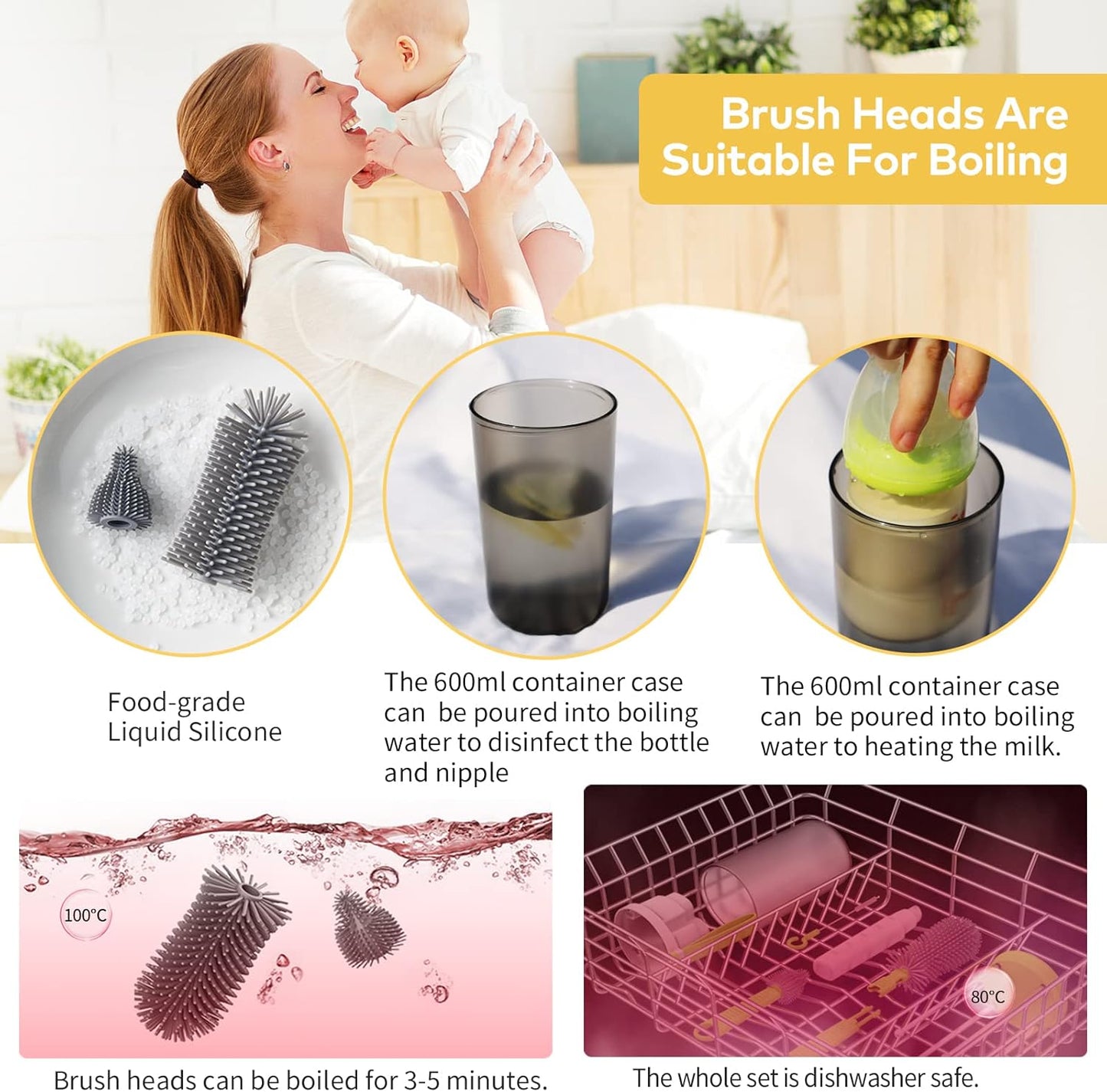 WHNLTravel Baby Bottle Brush Set with Bottle Cleaner Brush Set and Drying Rack,Gift for Newborn Mothers, Suitable for Travel and Home(Yellow)