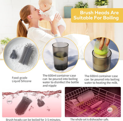 WHNLTravel Baby Bottle Brush Set with Bottle Cleaner Brush Set and Drying Rack,Gift for Newborn Mothers, Suitable for Travel and Home(Yellow)