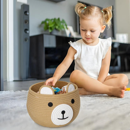 PandaEar Cotton Rope Baby Basket, Baby Gift Basket Nursery Laundry Organizer with Cute Bear Design for Storage Infant Newborn Essentials, Diaper Caddy with Handle (Pink)