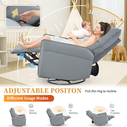Power Swivel Rocker Recliner Chair for Nursery, Upholstered Snowflake Velvet 270°Swivel Glider Rocker Chair with USB Ports, Small Power Recliners for Small Spaces Living Room