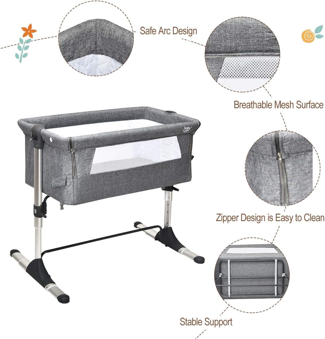 BABY JOY Baby Bedside Crib, Portable Travel Sleeper Bed Side Bassinet w/Carrying Bag, Newborn Bassinet to Infant, Kids Crib with Detachable Mattress, Height Adjustable Design, Breathable Mesh, Grey
