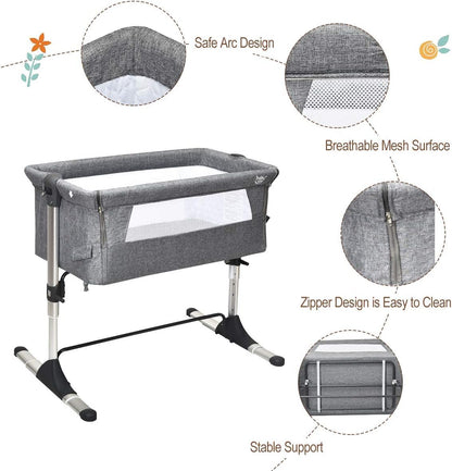 BABY JOY Baby Bedside Crib, Portable Travel Sleeper Bed Side Bassinet w/Carrying Bag, Newborn Bassinet to Infant, Kids Crib with Detachable Mattress, Height Adjustable Design, Breathable Mesh, Grey