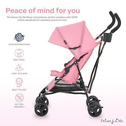 Dream On Me Rover Convenience Baby Stroller – Lightweight & Compact Travel Umbrella Stroller, Quick One-Hand Fold, Lockable Rear Wheels, Adjustable Canopy, 3-Point Safety Harness & Cup Holder – Grey