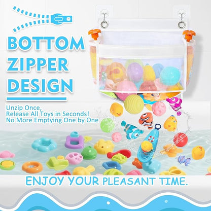 Bath Toy Holder 2-in-1 Zip-Connect Bathtub Toy Storage with 4 Suction Cups No Falling & one-Click Toy Release Quick-Dry Mesh Baby Shower Toy Holder - Kids Bath Toy Net for Tub Organizer