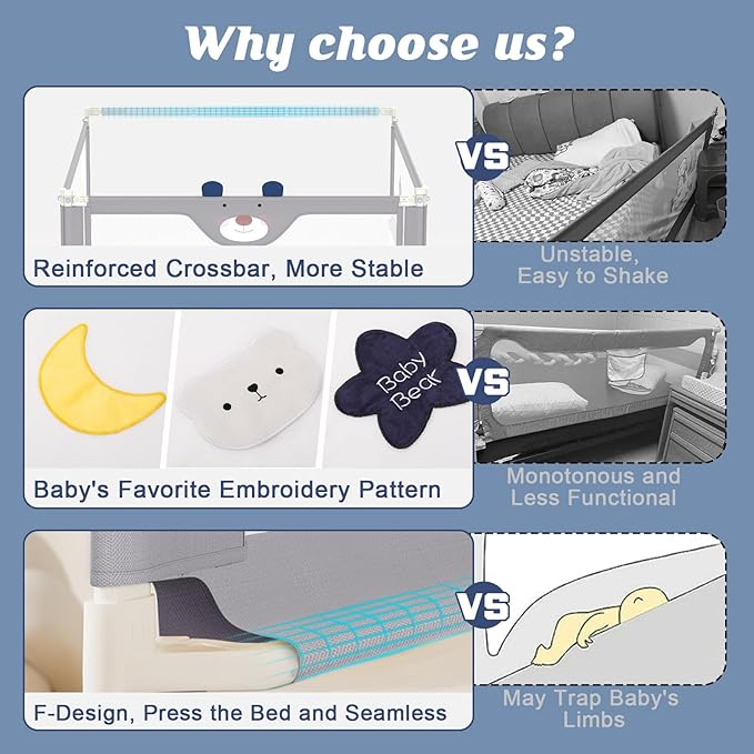 JWPEHOE 3-Piece Bed Rail for Toddlers with Headboard Rod, Adjustable Baby Bed Rail Guard, Twin/Full/Queen/King Size Bed (3, 78.7 * 78.7 * 59 Inch- Queen Size)
