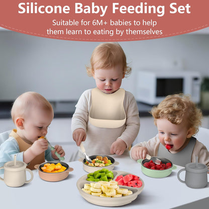 16 Pack Silicone Baby Feeding Set, BPA-Free Baby LED Weaning Supplies, Include Suction Plates, Baby Bowls, Silicone Fork & Spoon, and More, First Stage Baby Food Eating Utensils - 6+ Months(Blue, 16)