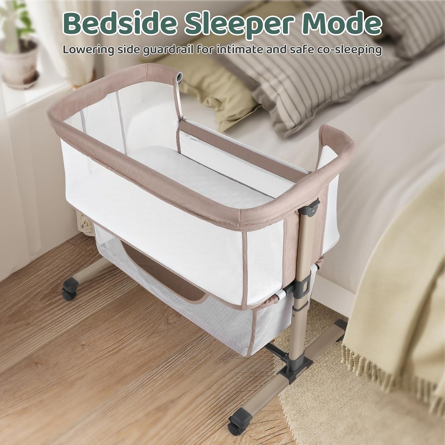 Cowiewie Bassinet Bedside Sleeper, Portable, Breathable, Adjustable Baby Bedside Bassinet for Peaceful Nights, Light Grey