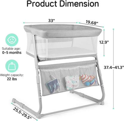 Cowiewie Bassinet Bedside Sleeper,Baby Bassinet Slides Over Bed,5-Position Height Adjustment & Breathable All-Mesh Wall Bedside Bassinet for Baby,Space-Saving Bedside Crib, Height(37.4-41.3"), White