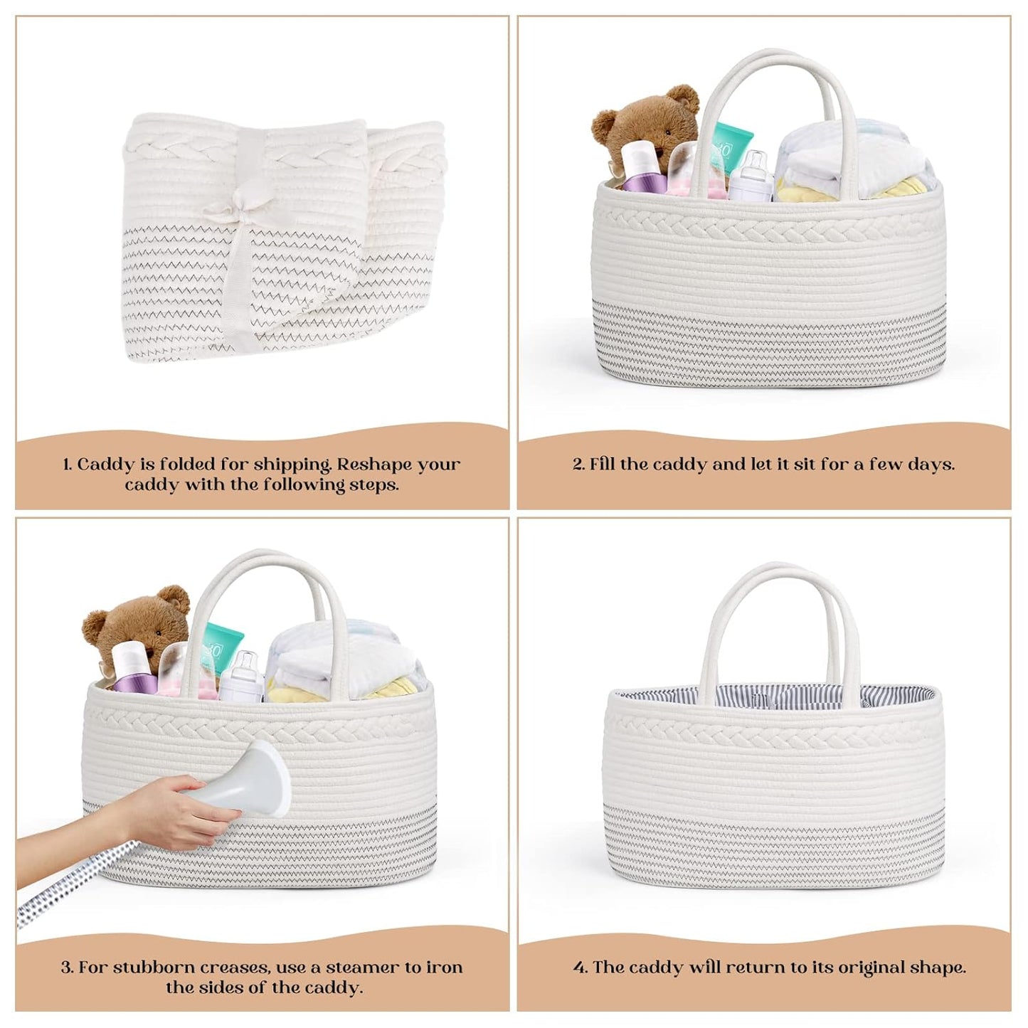 luxury little Diaper Caddy Organizer, Large Cotton Rope Nursery Baby Basket, Changing Table Organizer for Baby Diaper Storage, Portable Car Organizer Removable Divider (Off White, Large)
