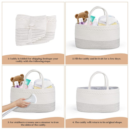 luxury little Diaper Caddy Organizer, Large Cotton Rope Nursery Baby Basket, Changing Table Organizer for Baby Diaper Storage, Portable Car Organizer Removable Divider (Off White, Large)