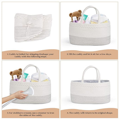 luxury little Diaper Caddy Organizer, Large Cotton Rope Nursery Baby Basket, Changing Table Organizer for Baby Diaper Storage, Portable Car Organizer Removable Divider (Off White, Extra Large)
