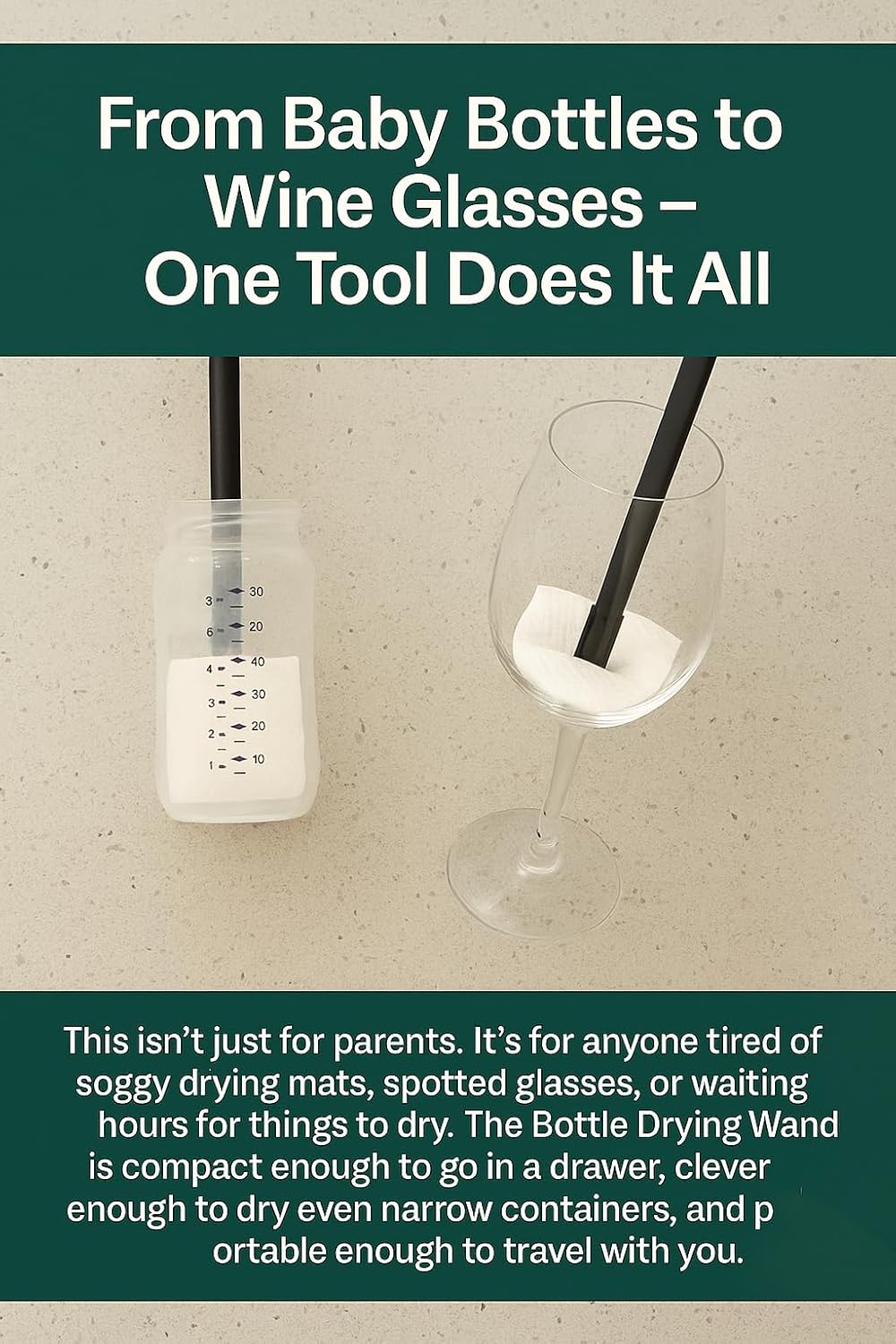 Bottle Drying Wand Tool – Fast Dryer for Baby Bottles, Pump Parts, Wine Glasses & Decanters – Space-Saving, Hygienic Rack Alternative for Travel & Home – Replace Bulky Disgusting Racks