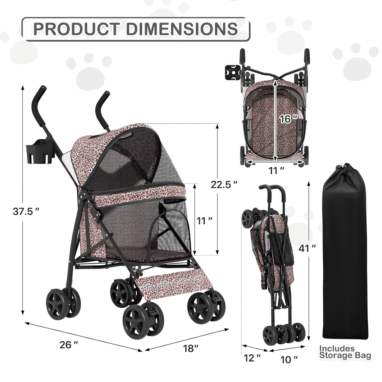 MoNiBloom 4 Wheels Pet Stroller, Easy-Fold Puppy Cage Jogger Stroller with Sun Cover, Pad and Rear Storage Bag, Breathable and Visible Mesh for Small/Medium Pets up to 22 lbs, Black