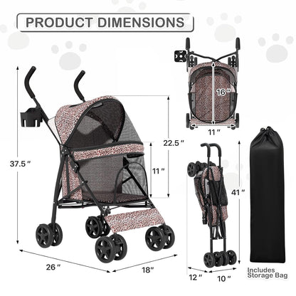 MoNiBloom 4 Wheels Pet Stroller, Easy-Fold Puppy Cage Jogger Stroller with Sun Cover, Pad and Rear Storage Bag, Breathable and Visible Mesh for Small/Medium Pets up to 22 lbs, Black