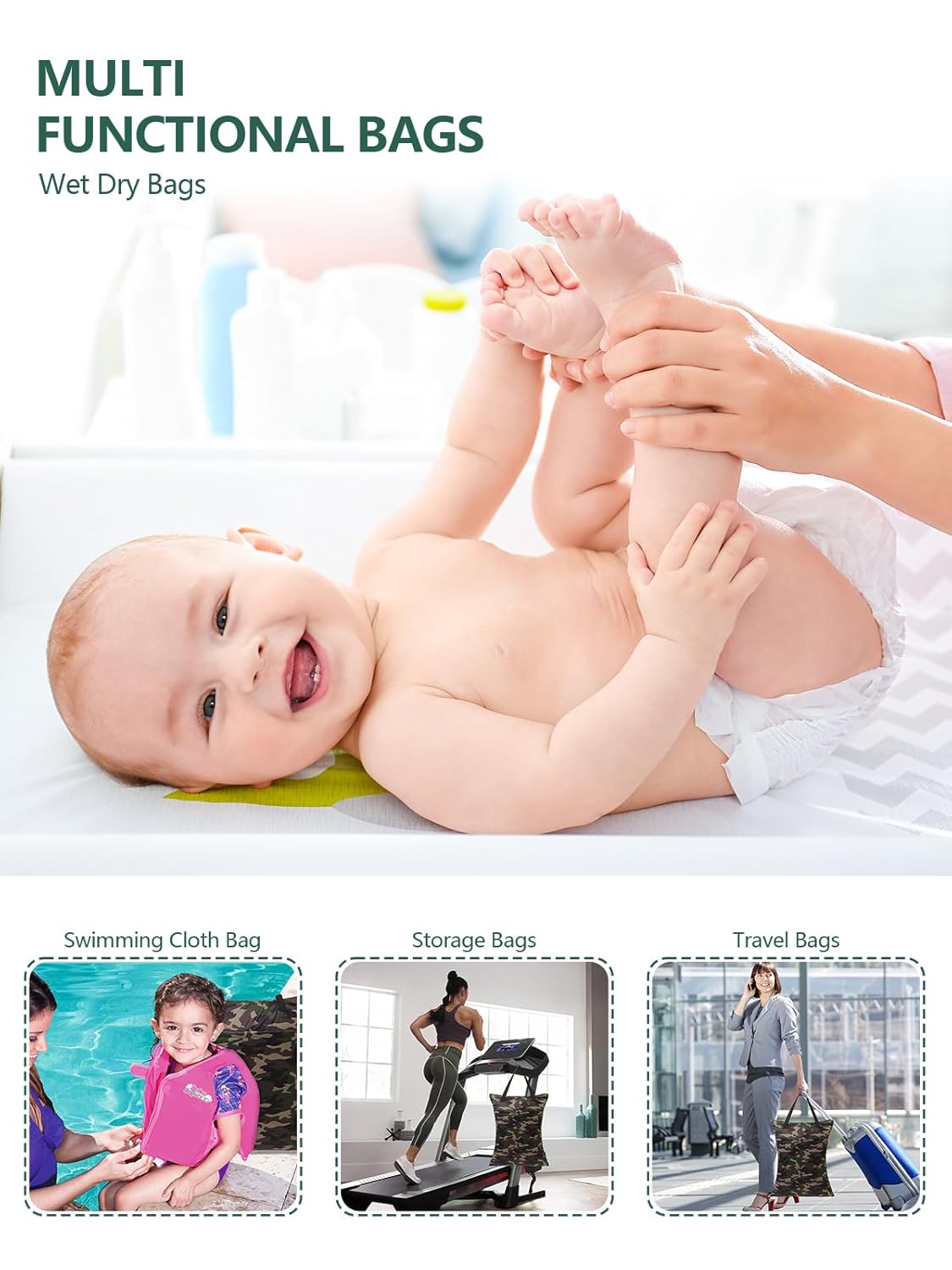 ALVABABY 2 Pack Large Wet Dry Bag Waterproof Hanging Cloth Diaper with Double Zippered Pockets 25x18 inches (Feather & Stripe)