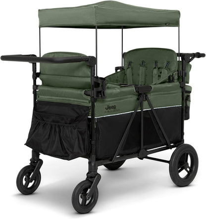 Jeep Wrangler Deluxe 4 Seater Stroller Wagon by Delta Children - Premium Quad Stroller Wagon for 4 Kids with Convertible Seats, Adjustable Push/Pull Handles, Removable Canopy & Flat Fold, Grey