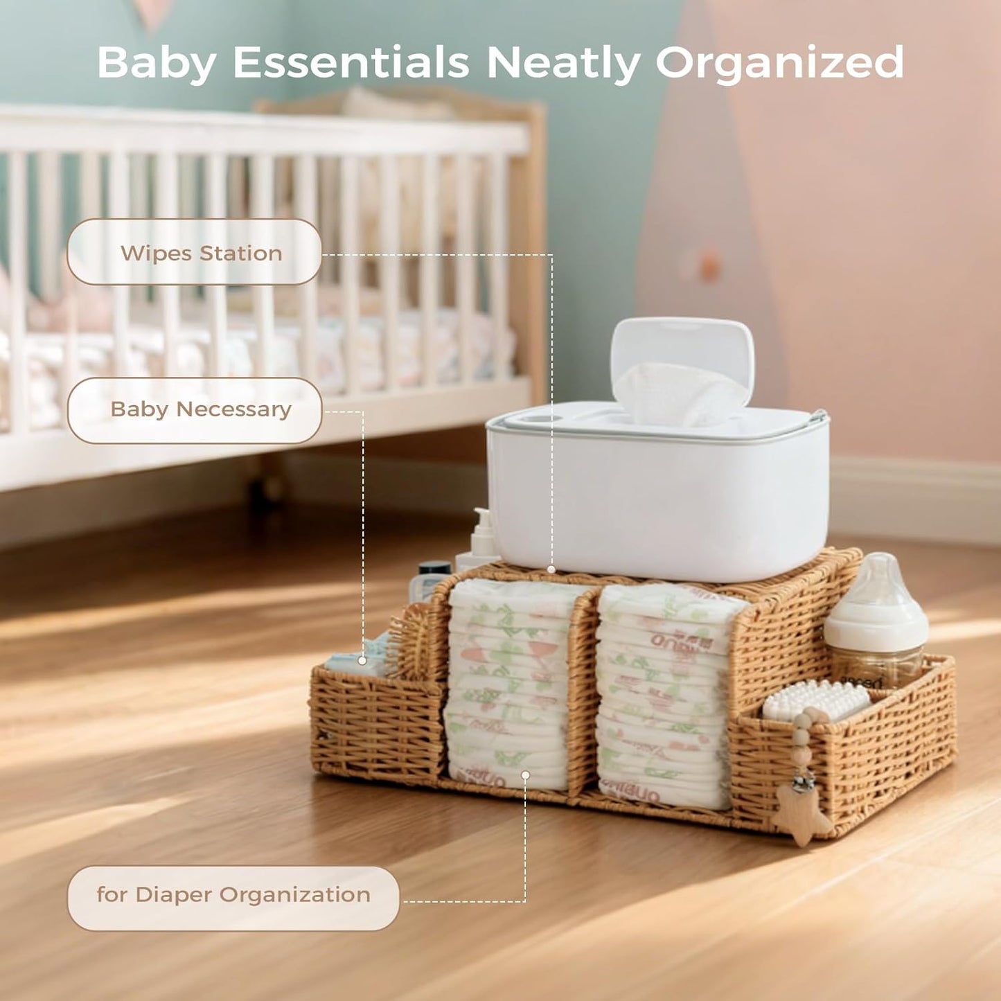 Diaper Caddy Organizer, Hand Rattan Nursery Storage Basket for Baby Essentials, Baby Changing Table Organizer Perfect Nursery Assistant (Natural Light Woven - Style 1, M)
