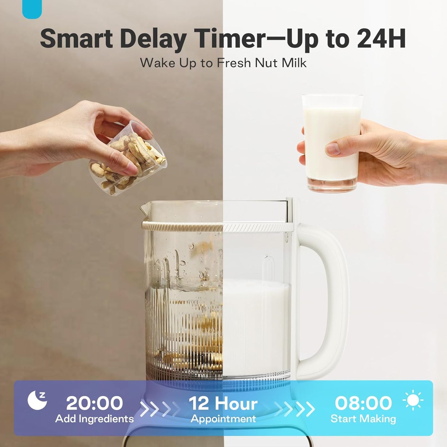 50.73oz Nut Milk Maker Machine: 12-in-1 Automatic Soy Milk Maker with Detachable Design, Homemade Juice,Almond,Oat Milks for Plant-Based Milks, 24H Delay Start/Keep Warm/Auto-Clean/Safety Lock