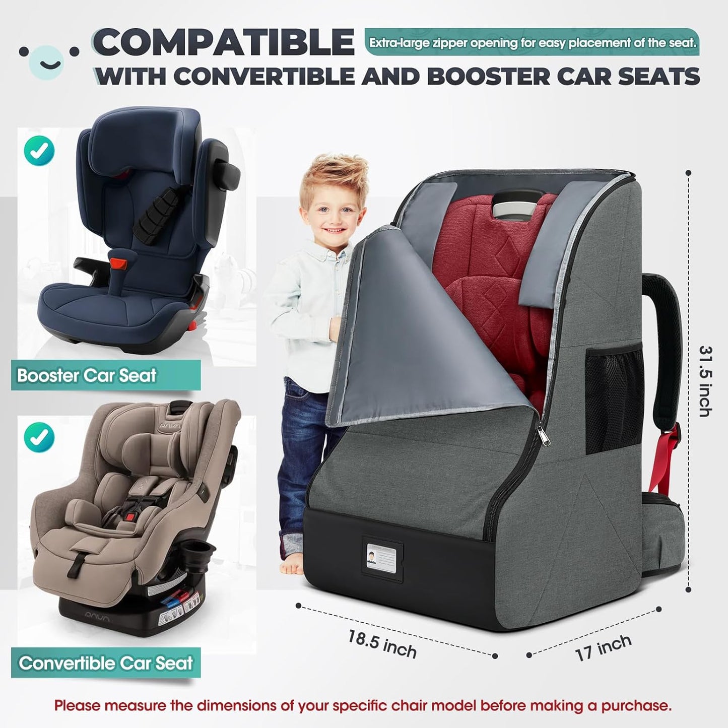 RAINSMORE Padded Car Seat Travel Bag for Airplane Heavy Duty Car Seat Backpack for Air Travel Baby Carseat Cover Bags for Airport Large Car Seats Carrier Fits Car Seats & Booster Seats, Black