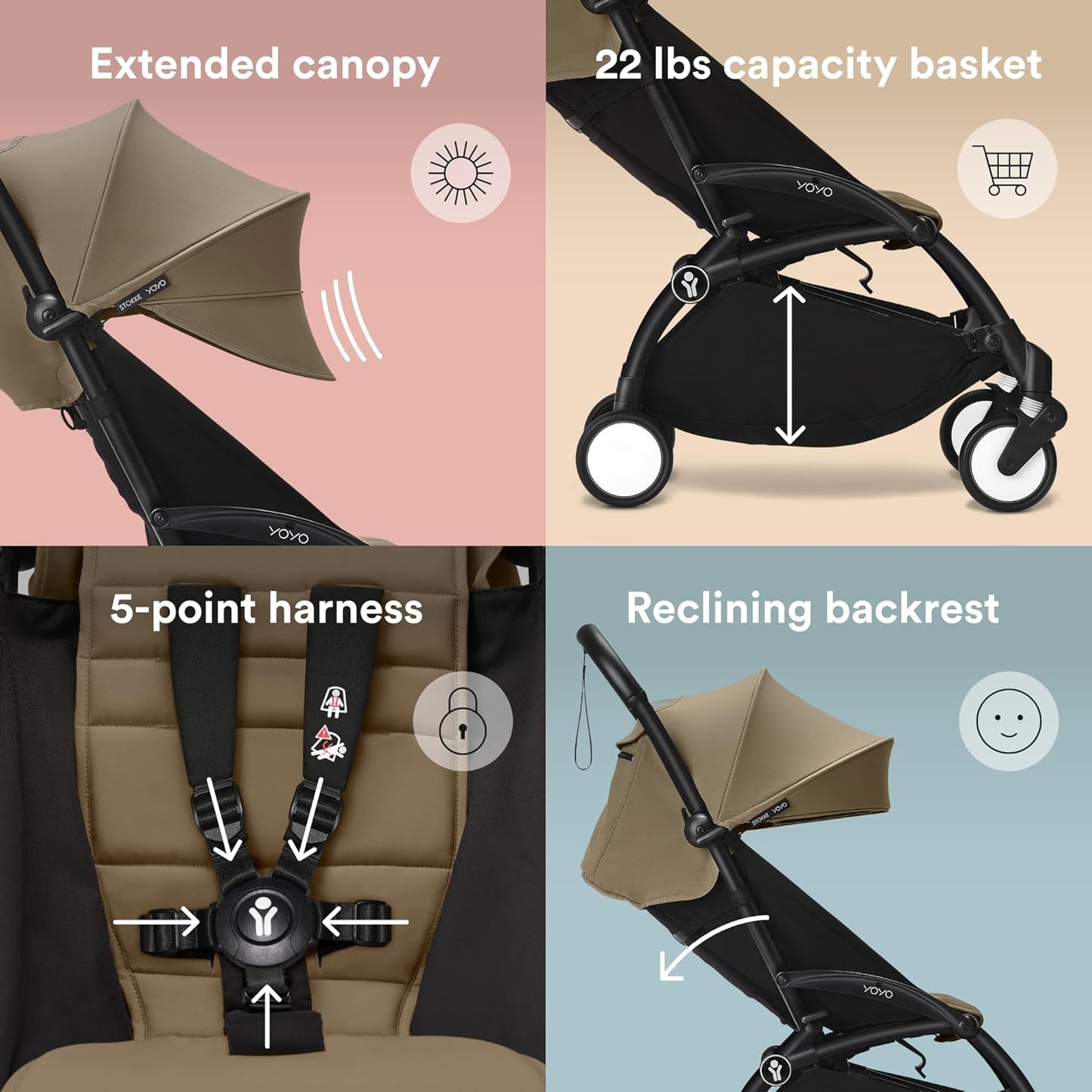 Stokke YOYO3 Stroller from 6 Months - Includes Black Frame, Seat Cushion & Canopy - Folds in & Out in a Flash - Light & Compact - Carry-On Compatible