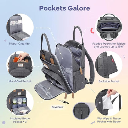 RUVALINO Diaper Bag Backpack, Multifunction Travel Pack Maternity Baby Changing Bags, Large Capacity, Waterproof, Dark Gray | Multifunction, Travel Pack, Maternity, Baby Changing Bags, Waterproof
