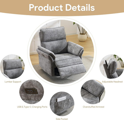 Oversized Swivel Rocker Recliner with Adjustable Headrest, Rocking Chair Nursery with Overstuffed Armrest, Manual Rocker Recliner Nursery Chair for Living Room, White
