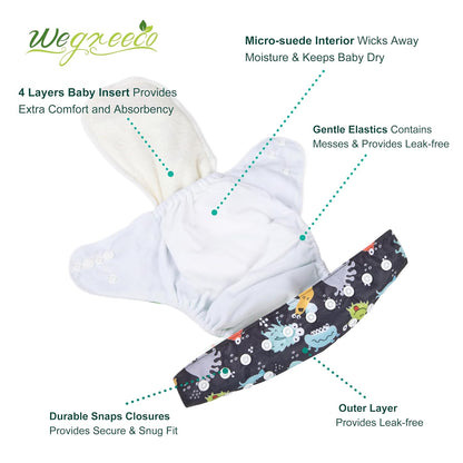 wegreeco Cloth Diapers 6 Pack with 6 Inserts & 1 Wet Bag, Washable Cloth Diapers for Babies, One Size Adjustable Reusable (Flower)