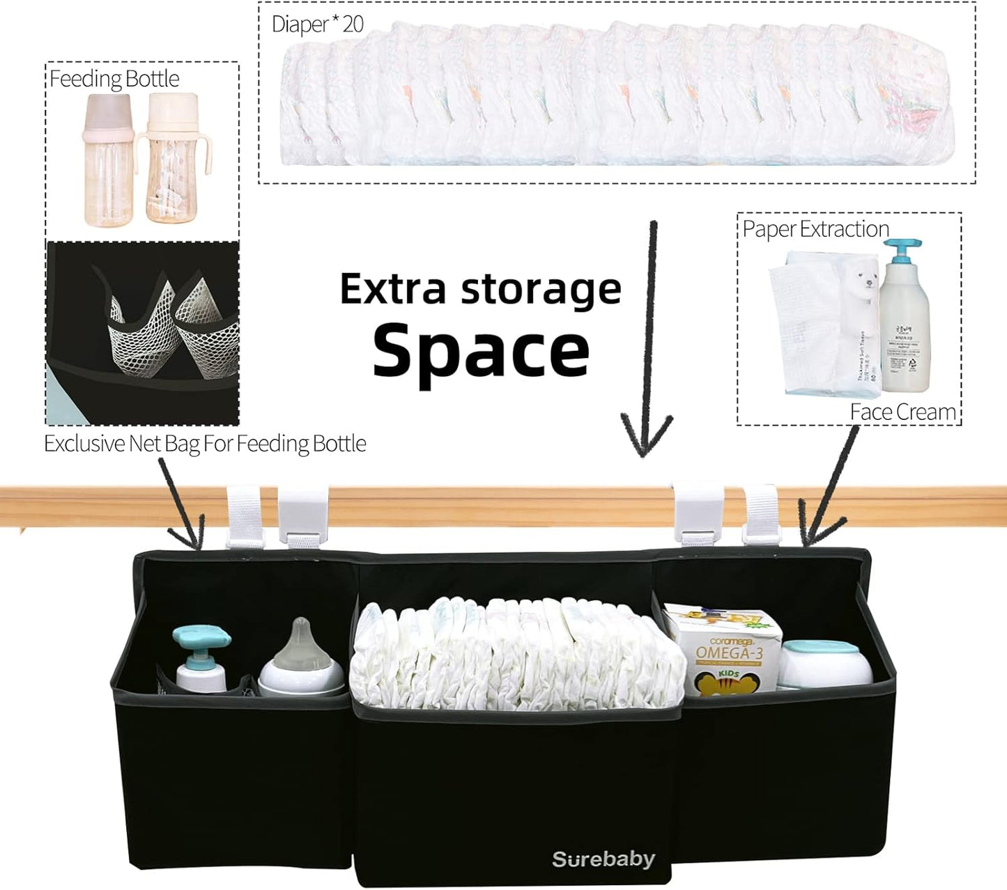 Hanging Baby Diaper Caddy, 3-in-1 Diaper Caddy Organizer Holder For Baby Crib, Nursery Organization Diaper Stacker Storage For Crib, Changing Table-Grey