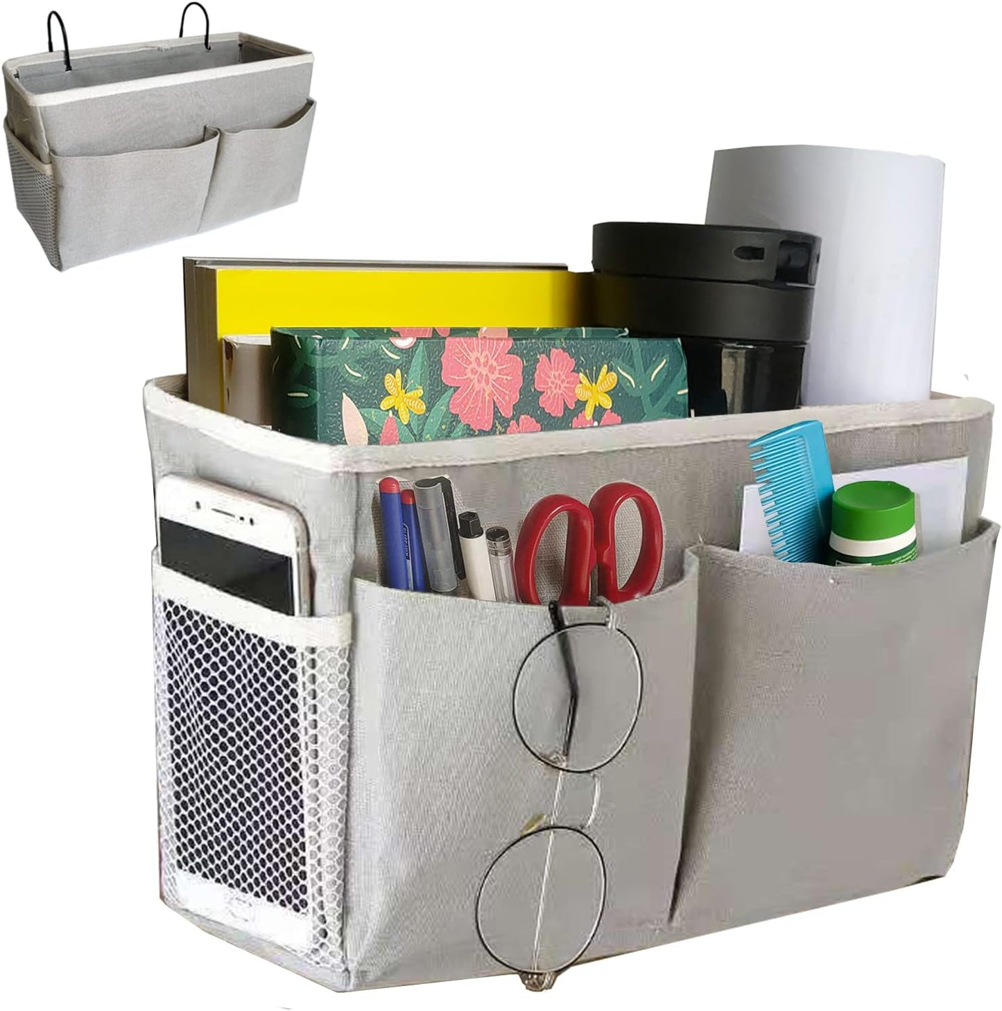 Bedside Caddy Organizer/Bedside Hanging Storage Bag Multi-Function Caddy for Bunk bed Hospital Beds Dorm Bed Rails, Holders Books Glasses Phones Magazine(White)
