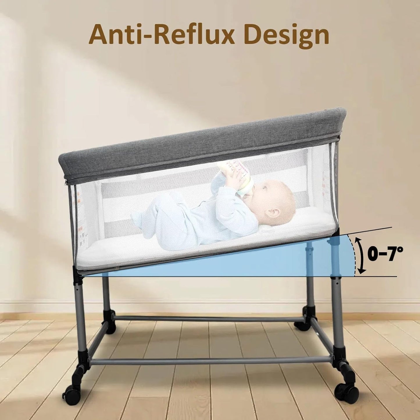 Twin Bassinet for 2 Babies, Double Bassinet for Twins, Baby Bassinet with Wheels, Full-Mesh Sides, 5-Height Adjustable, Portable and Stable Baby Crib for Newborns (Basic Grey)