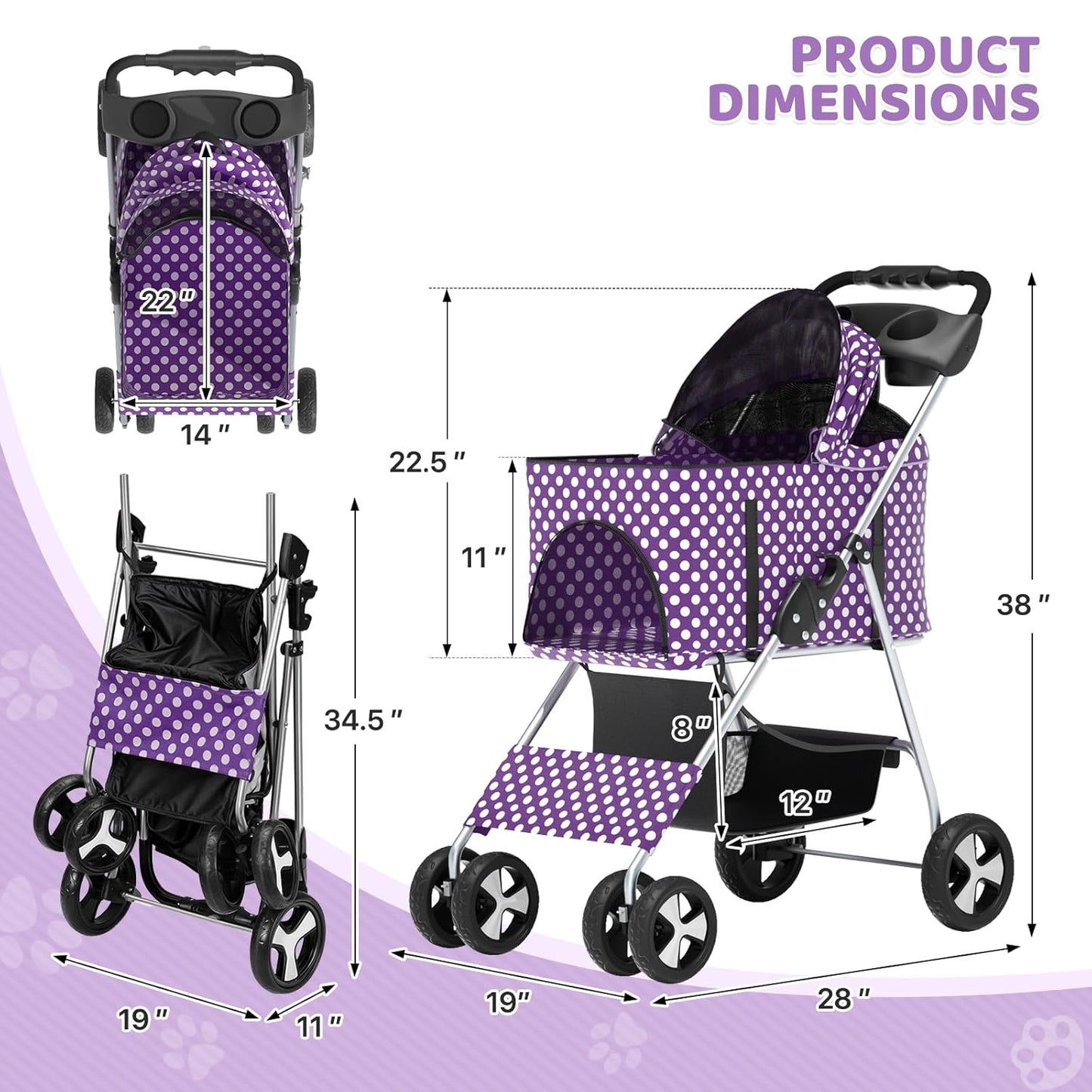 Magshion Compact Pet Stroller for Small-Medium Dogs/Cats up to 22lbs, 4-Wheel Lightweight Umbrella Shaped Portable Puppy Travel Jogger with Breathable Mesh, Cup Holder & Rear Storage, Black