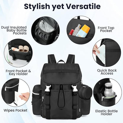 Diaper Bag Backpack with Changing Pad, Pacifier Case & Stroller Straps, Insulated Pockets Water Resistant Travel Essentials Baby Bag Multipurpose Travel Back, Big Storage in a Small Footprint