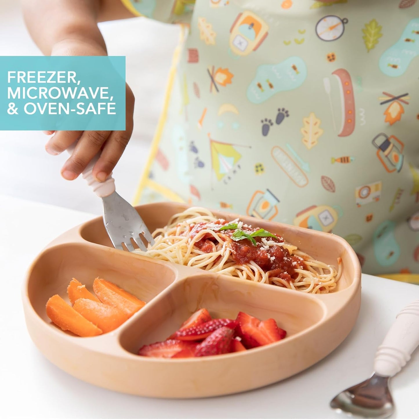 Bumkins Toddler and Baby Suction Plate, Divided Grip Dish for Babies and Kids, Baby Led Weaning, Feeding Supplies, Sticks to Tables and Highchairs, Platinum Silicone, for Chidren 6 Months, Gray