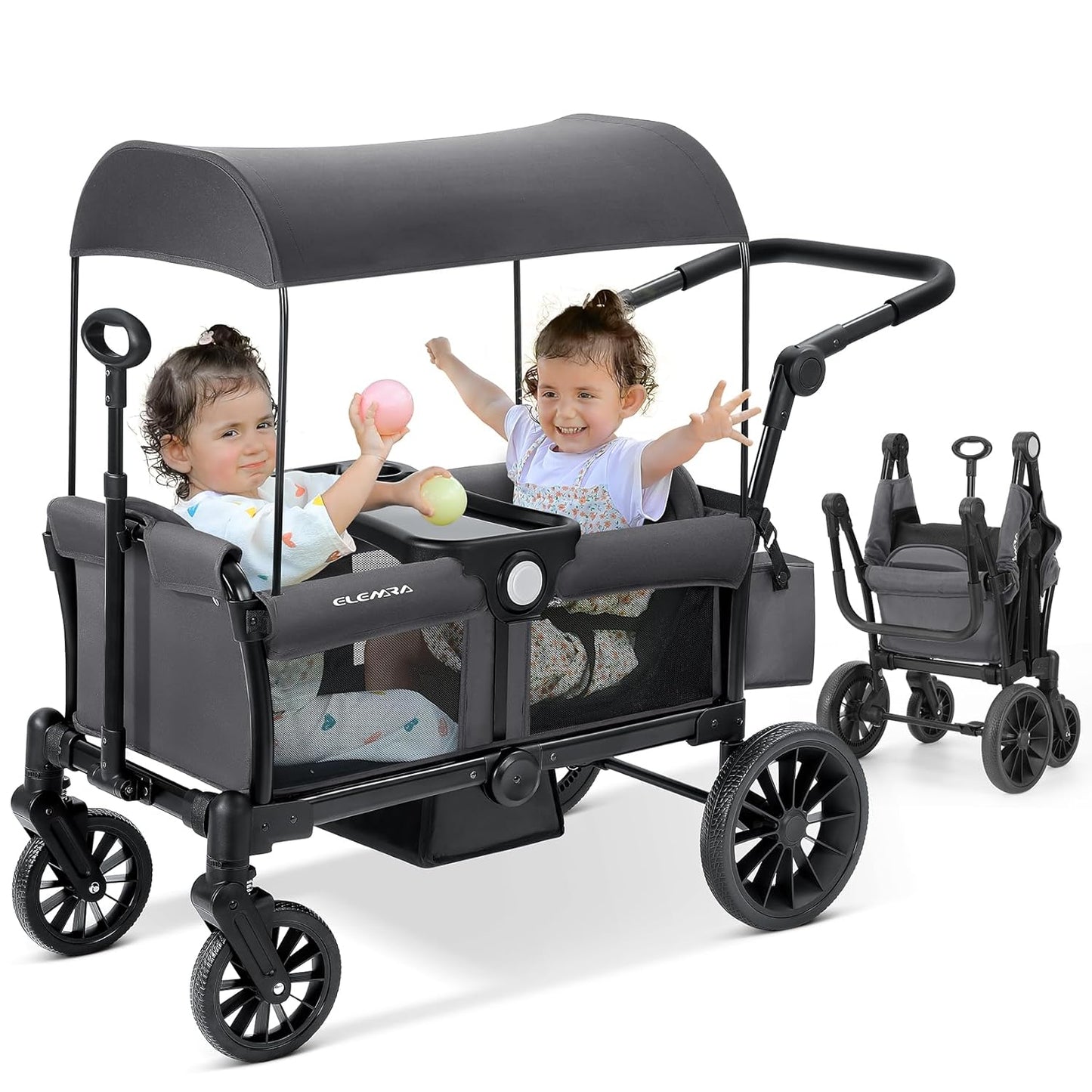 ELEMARA Stroller Wagon, 2 Seat Stroller for 2 Kids, Premium All Terrain Stroller for Kids w/Removable Canopy, Adjustable Push/Pull Handle, Large Storage Bag, Black
