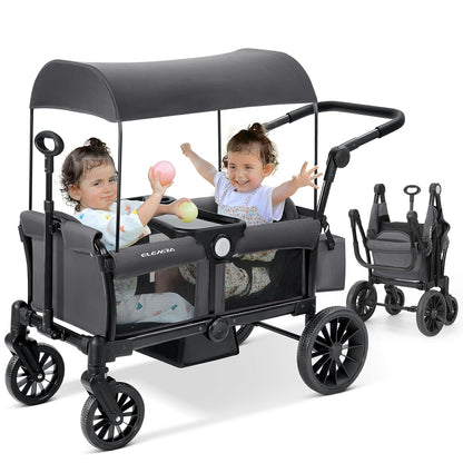 ELEMARA Stroller Wagon, 2 Seat Stroller for 2 Kids, Premium All Terrain Stroller for Kids w/Removable Canopy, Adjustable Push/Pull Handle, Large Storage Bag, Black