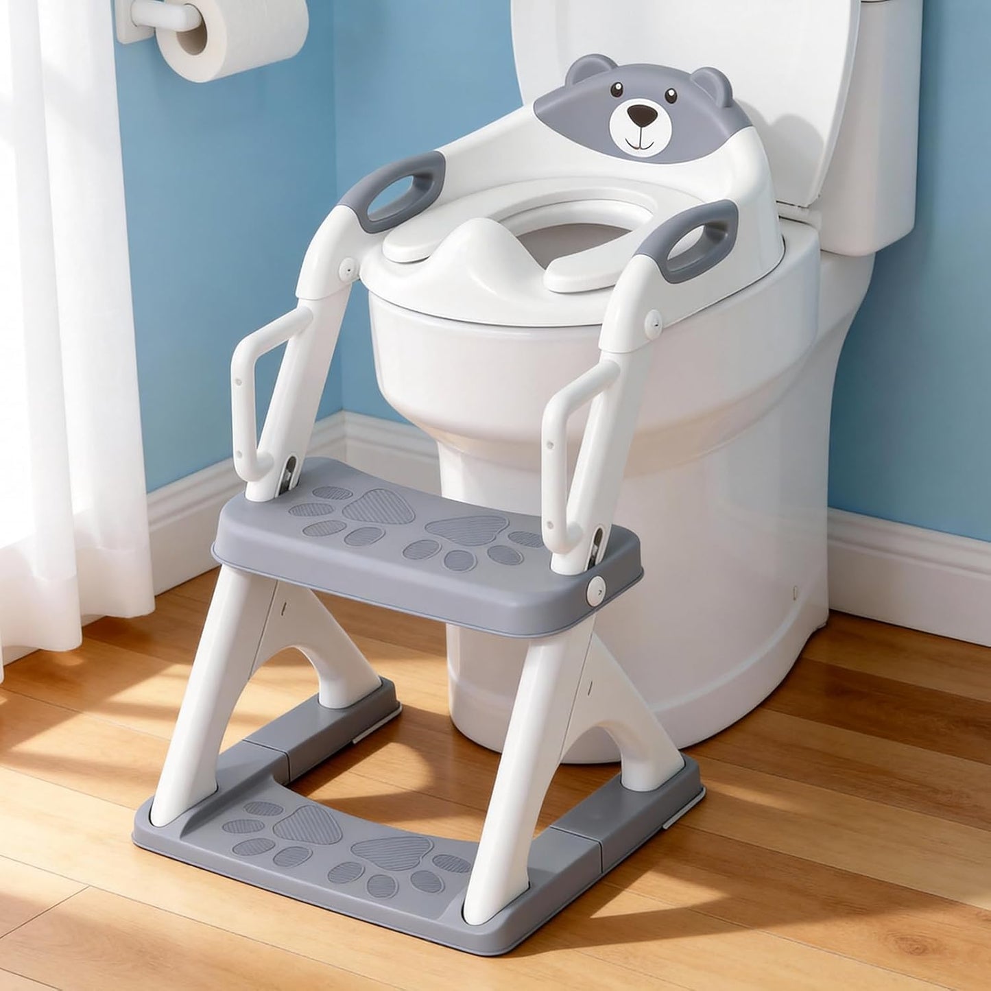 Potty Training Seat, SKYROKU Upgrade Toddler Toilet Seat for Kids Boys Girls, 2 in 1 Potty Training Toilet, Splash Guard Anti-Slip Pad Step Stool,New Sector-Shape Stabilized Base (8899+Grey)
