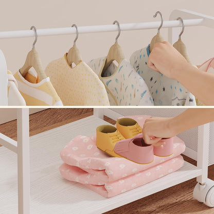 BBLIKE 3in1 Diaper Caddy Organizer - Diaper Caddy & Rolling Diaper Cart with Kids Clothing Rack for Nursery and Baby Essentials, Multi-Function Utility Cart for Bedroom and Bathroom, White