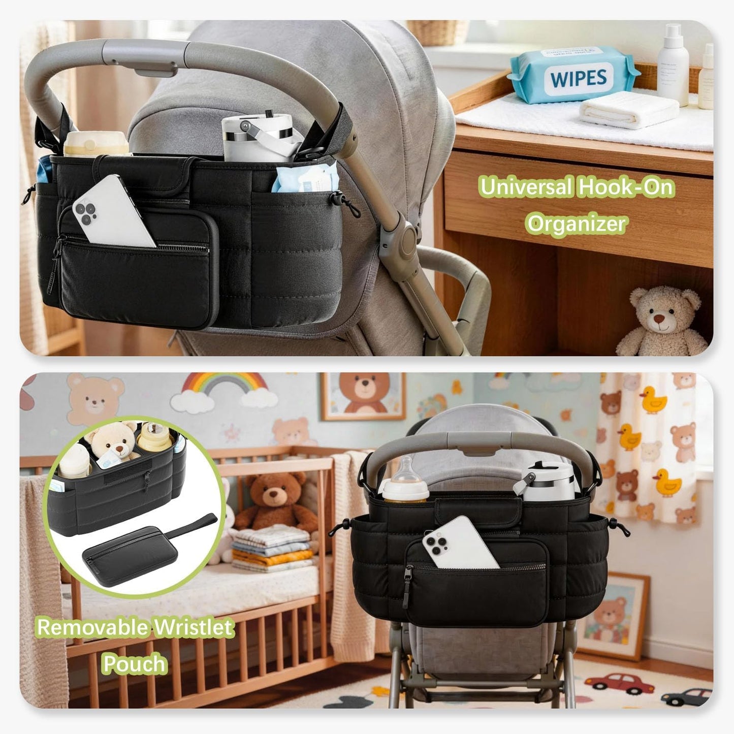 Stroller Organizer Caddy with Insulated Cup Holder & Detachable Phone Purse, Lightweight Universal Stroller Caddy for Busy Moms - Black