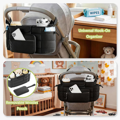 Stroller Organizer Caddy with Insulated Cup Holder & Detachable Phone Purse, Lightweight Universal Stroller Caddy for Busy Moms - Black