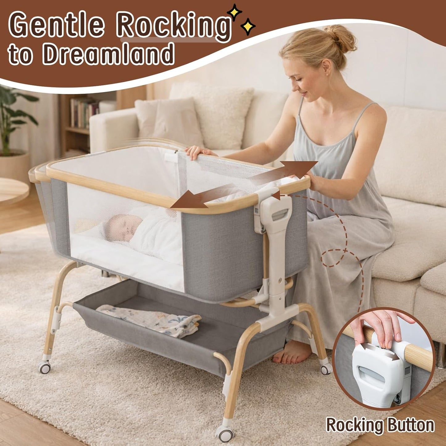 Rocking Baby Bassinet Bedside Sleeper, Detachable Portable Bassinet & Adjustable Crib with 8 Heights, Breathable Mesh, Storage Basket & Mobile Toy for Newborns to Toddlers(Oatmeal)