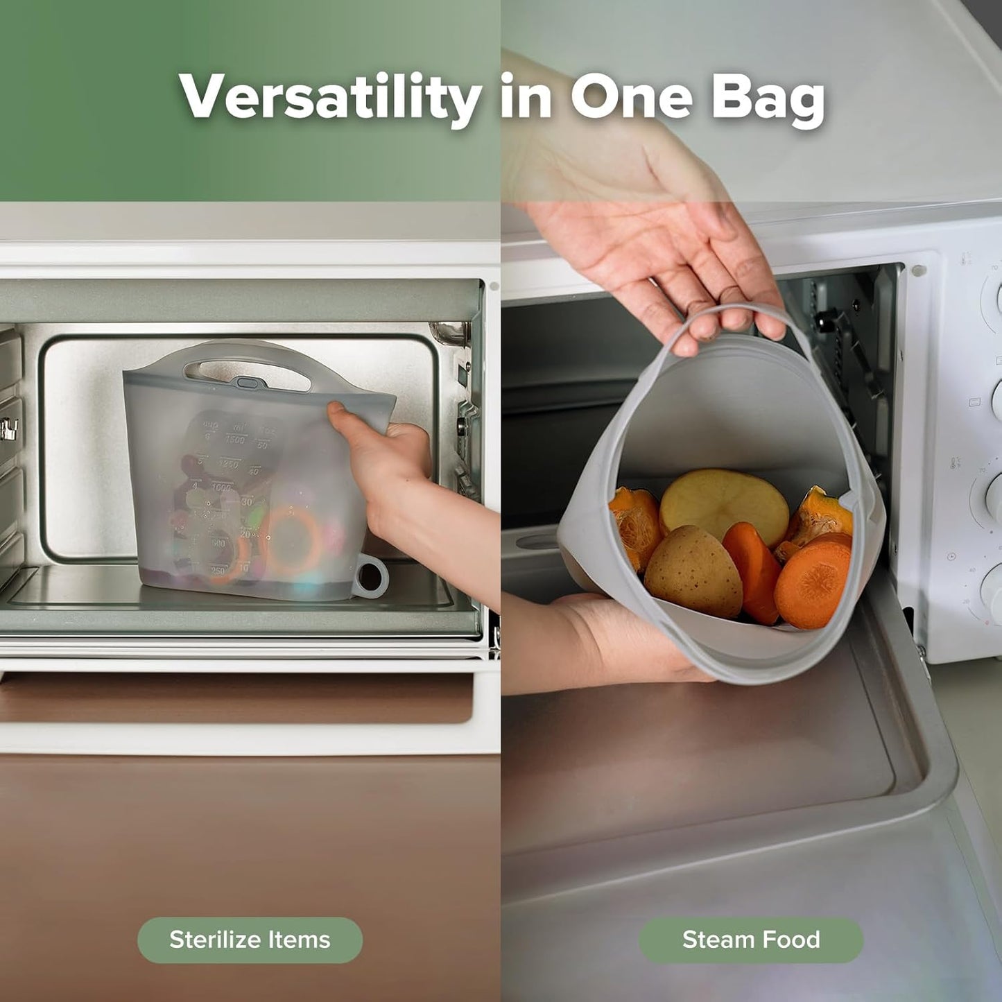 Haakaa On-The-Go Silicone Microwave Steam Sterilizer Bags for Travel, 40oz/1250ml Reusable Silicone Steaming Bags for Baby Bottles, Breast Pump, Accessories, Pacifiers, Teethers,Grey/1PC