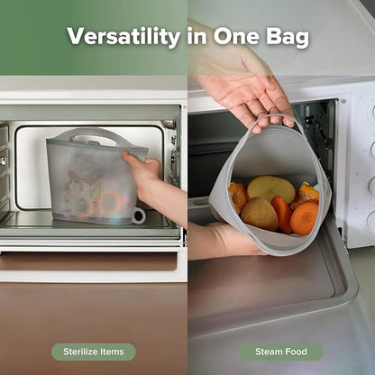 Haakaa On-The-Go Silicone Microwave Steam Sterilizer Bags for Travel, 50oz/1500mlReusable Silicone Steaming Bags for Baby Bottles, Breast Pump, Accessories, Pacifiers, Teethers,Grey/2PCS