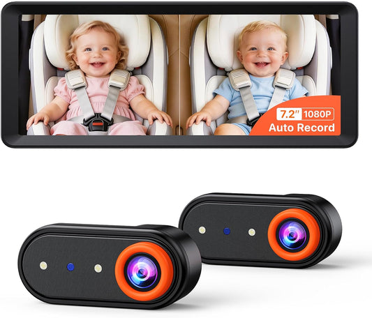 Luckview BM5 MAX 1080P Dual Baby Car Camera with Recording, 7.2" Split Monitor for 2 Kids, Dual Car Camera Baby Monitor with Auto Night Vision, Easy Installation Carseat Camera for Baby