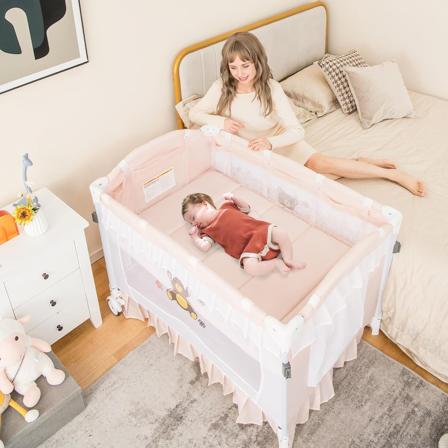 HONEY JOY 4-in-1 Pack and Play with Canopy, Portable Baby Playard w/Changing Table and Infant Bassinet, Cute Toys & Music, Foldable Bassinet for Newborn and Toddler (Hot Pink)