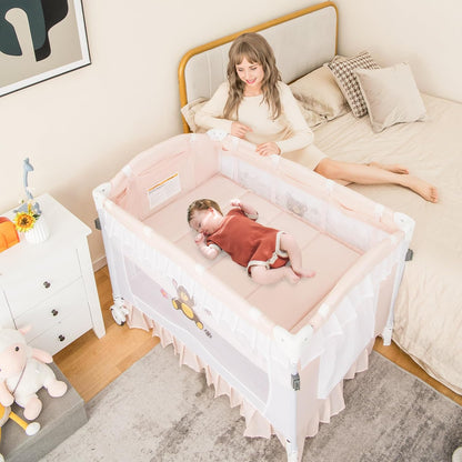 HONEY JOY 4-in-1 Pack and Play with Canopy, Portable Baby Playard w/Changing Table and Infant Bassinet, Cute Toys & Music, Foldable Bassinet for Newborn and Toddler (Hot Pink)