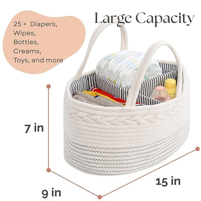 luxury little Diaper Caddy Organizer, Large Cotton Rope Nursery Baby Basket, Changing Table Organizer for Baby Diaper Storage, Portable Car Organizer Removable Divider (Off White, Large)