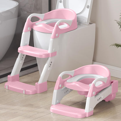 2-in-1 Toddler Potty Training Toilet Seat with Step Stool Ladder – Adjustable Height Potty Chair Urinal for Baby Boys Girls Age 1-3, Foldable Training Potty with Splash Guard & Anti-Slip Feet, Grey